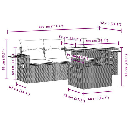 5-teiliges Gartensofa-Set mit Kissen, braun, Polyrattan