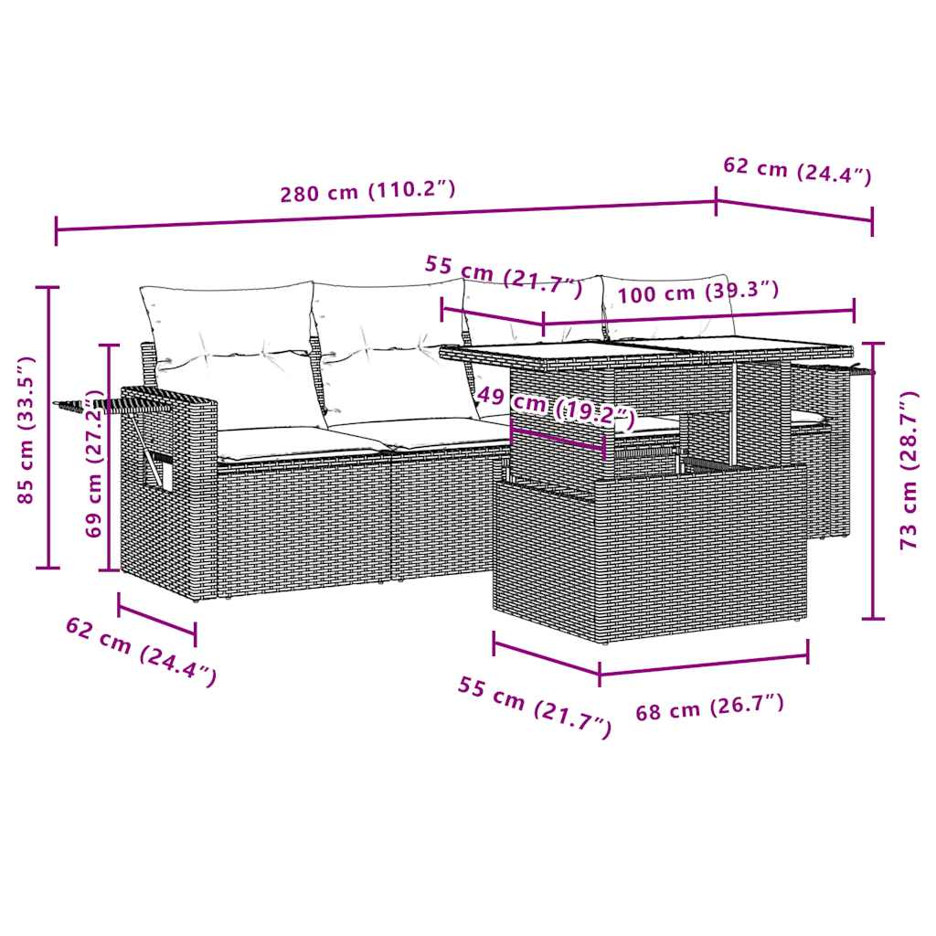 5-teiliges Gartensofa-Set mit Kissen, braun, Polyrattan