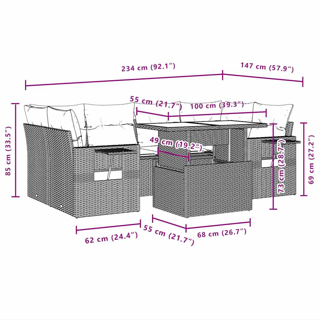 7-teiliges Gartensofa-Set mit Kissen, schwarzes Polyrattan