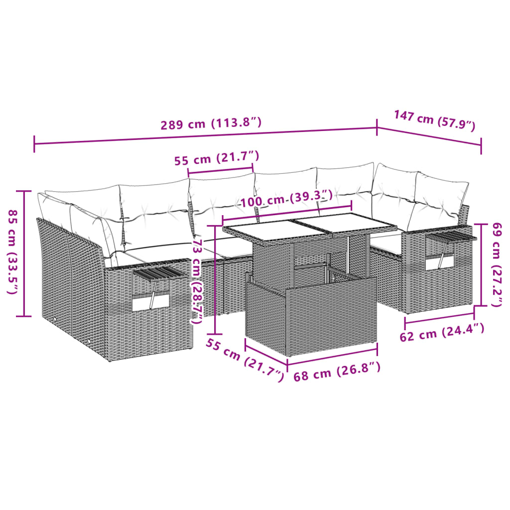 8-tlg. Garten-Sofagarnitur mit Kissen Braun Poly Rattan