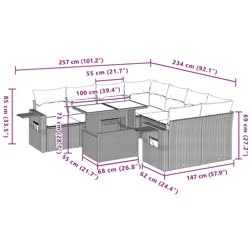 9-tlg. Garten-Sofagarnitur mit Kissen Hellgrau Poly Rattan