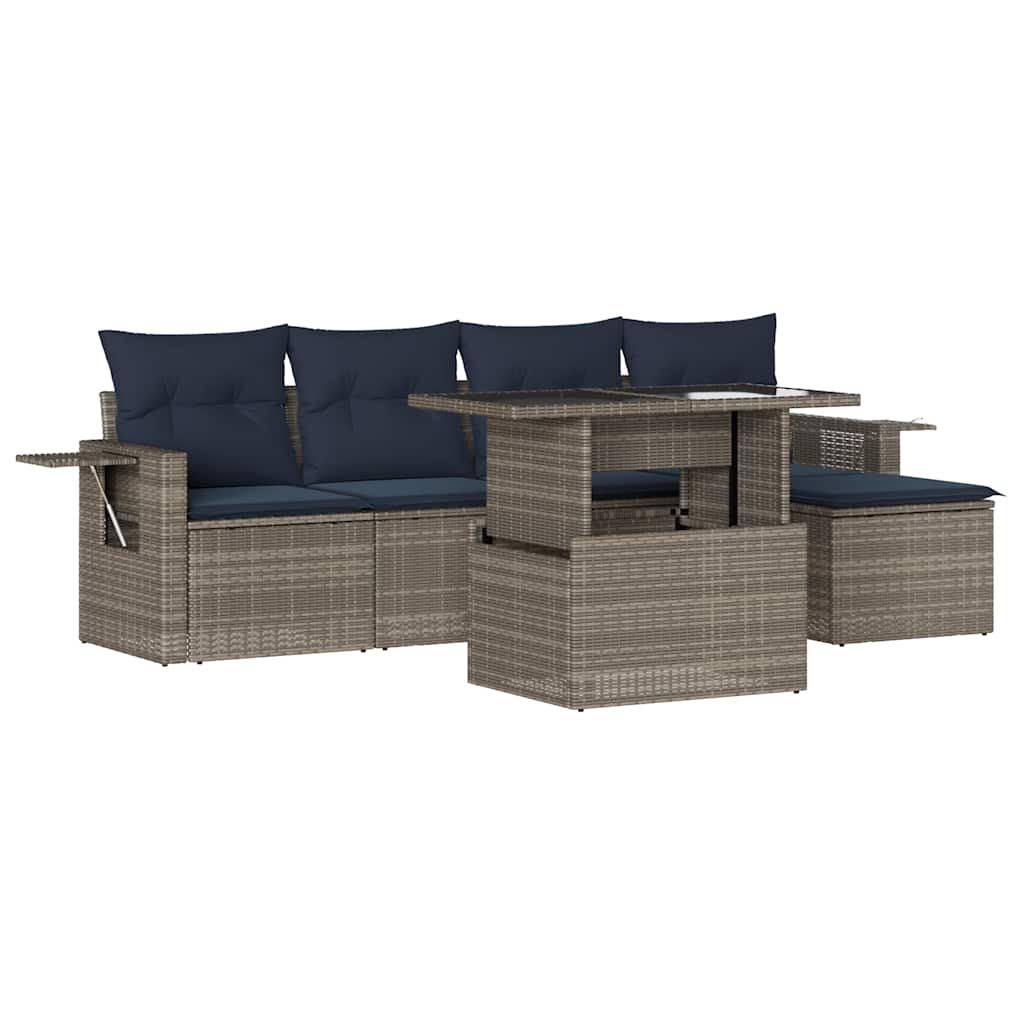6-teiliges Gartensofa-Set mit Kissen, grau, Polyrattan