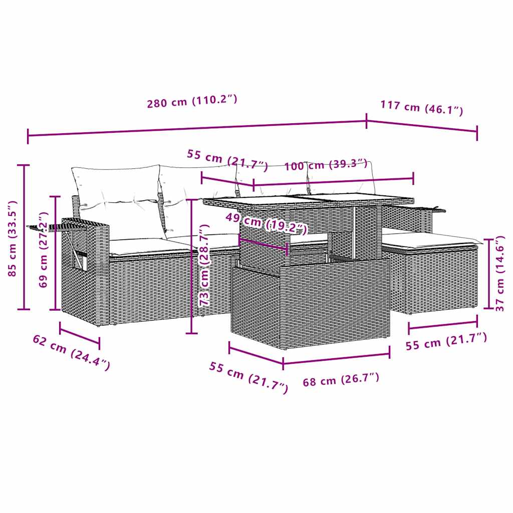 6-teiliges Gartensofa-Set mit Kissen, grau, Polyrattan