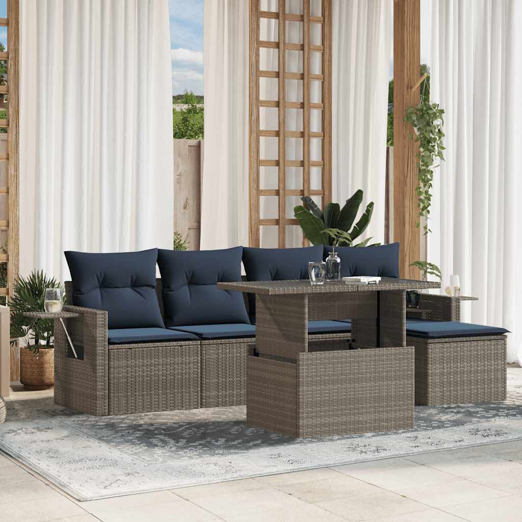 6-teiliges Gartensofa-Set mit Kissen, grau, Polyrattan