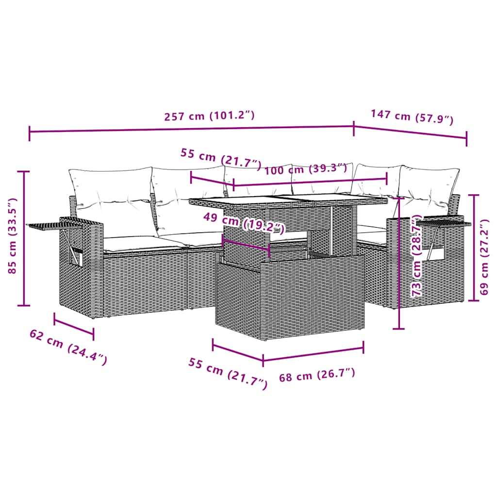 6-teiliges Gartensofa-Set mit Kissen, grau, Polyrattan
