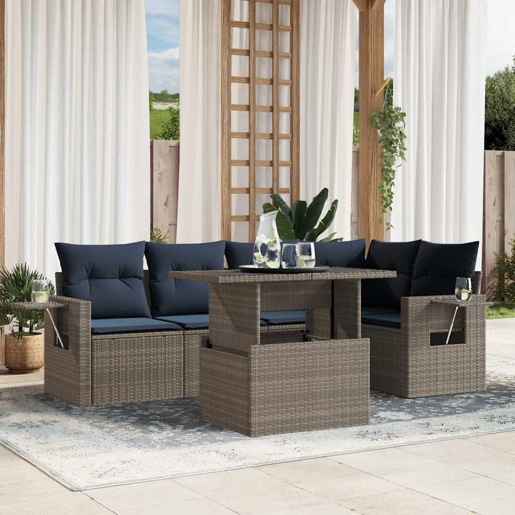 6-teiliges Gartensofa-Set mit Kissen, grau, Polyrattan