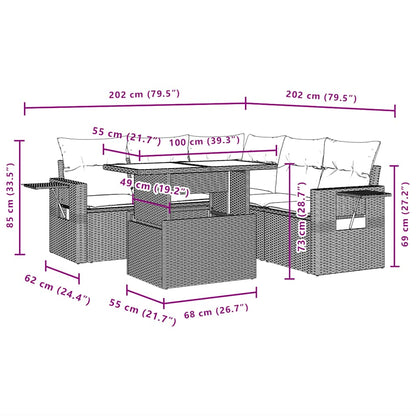 6-teiliges Gartensofa-Set mit Kissen, grau, Polyrattan