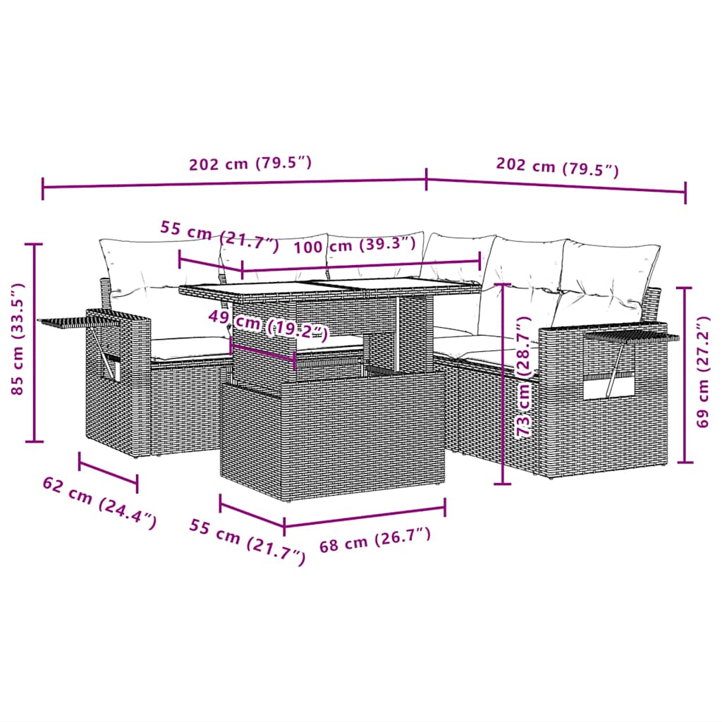 6-teiliges Gartensofa-Set mit Kissen, braun, Polyrattan