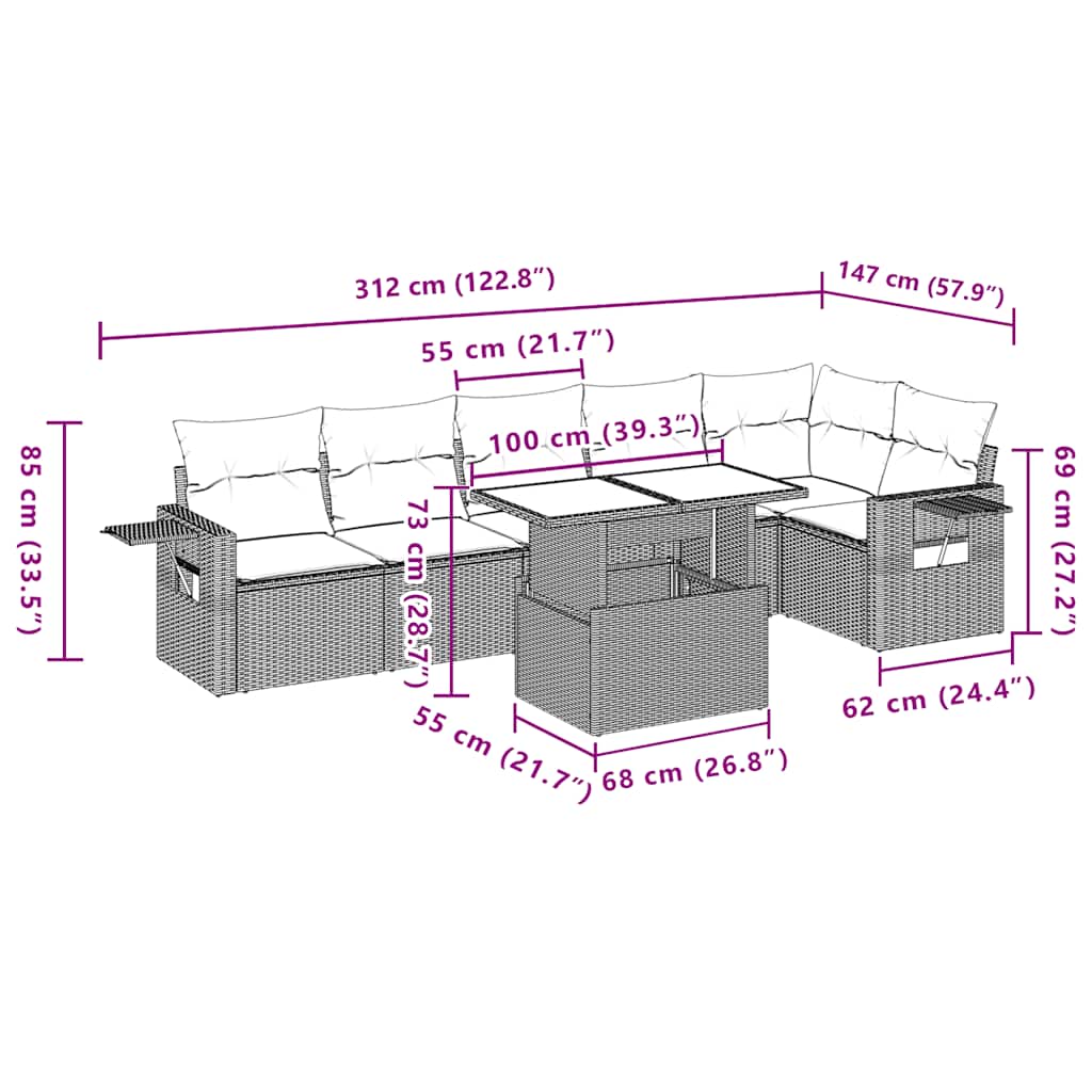 7-teiliges Gartensofa-Set mit Kissen, braun, Polyrattan