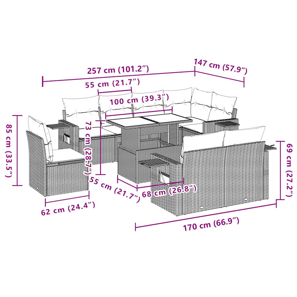 9-teiliges Gartensofa-Set mit Kissen, braun, Polyrattan