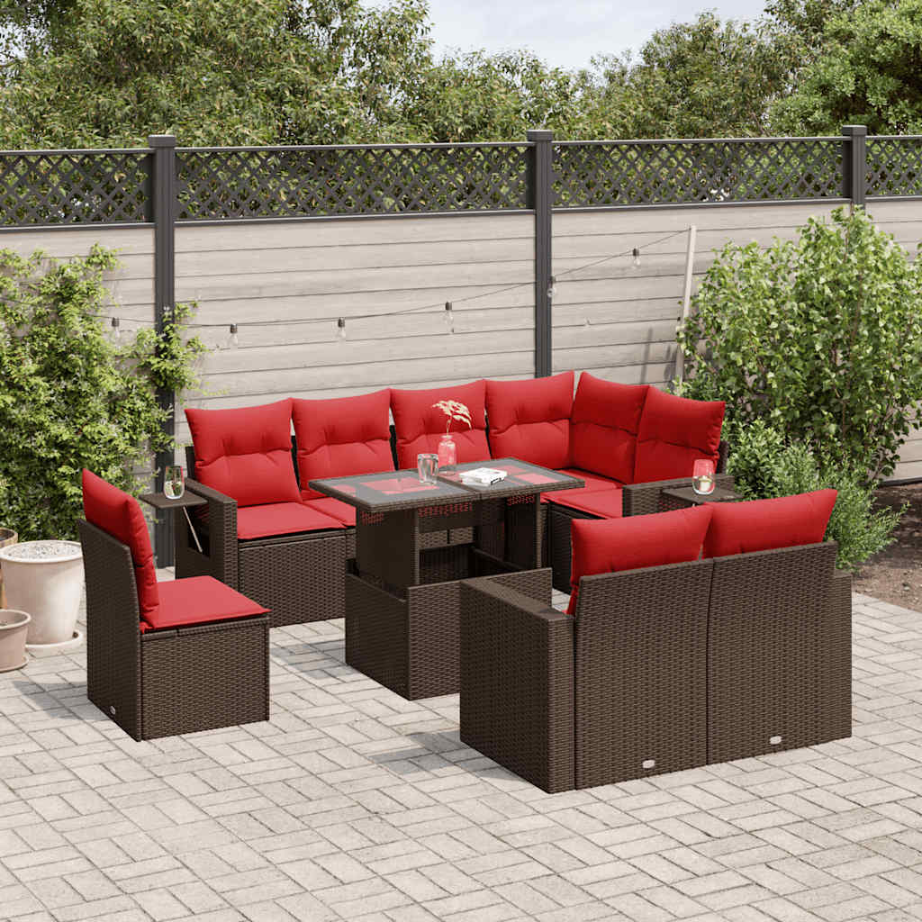 9-teiliges Gartensofa-Set mit Kissen, braun, Polyrattan