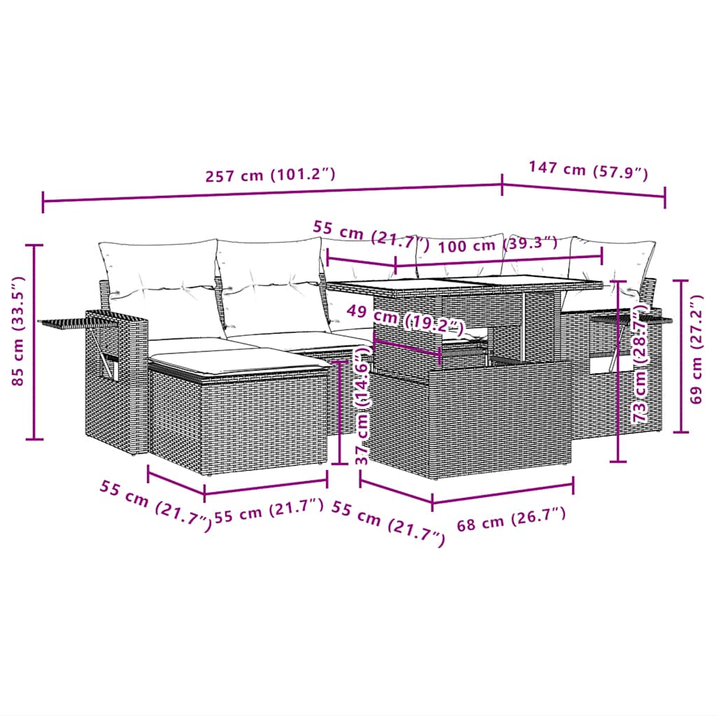 7-teiliges Gartensofa-Set mit Kissen, braun, Polyrattan