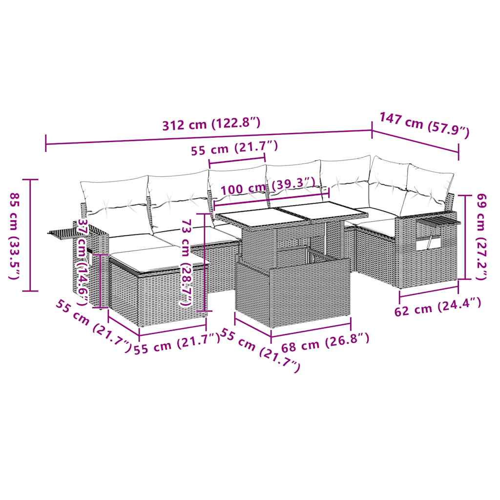 8-teiliges Gartensofa-Set mit Kissen, braun, Polyrattan