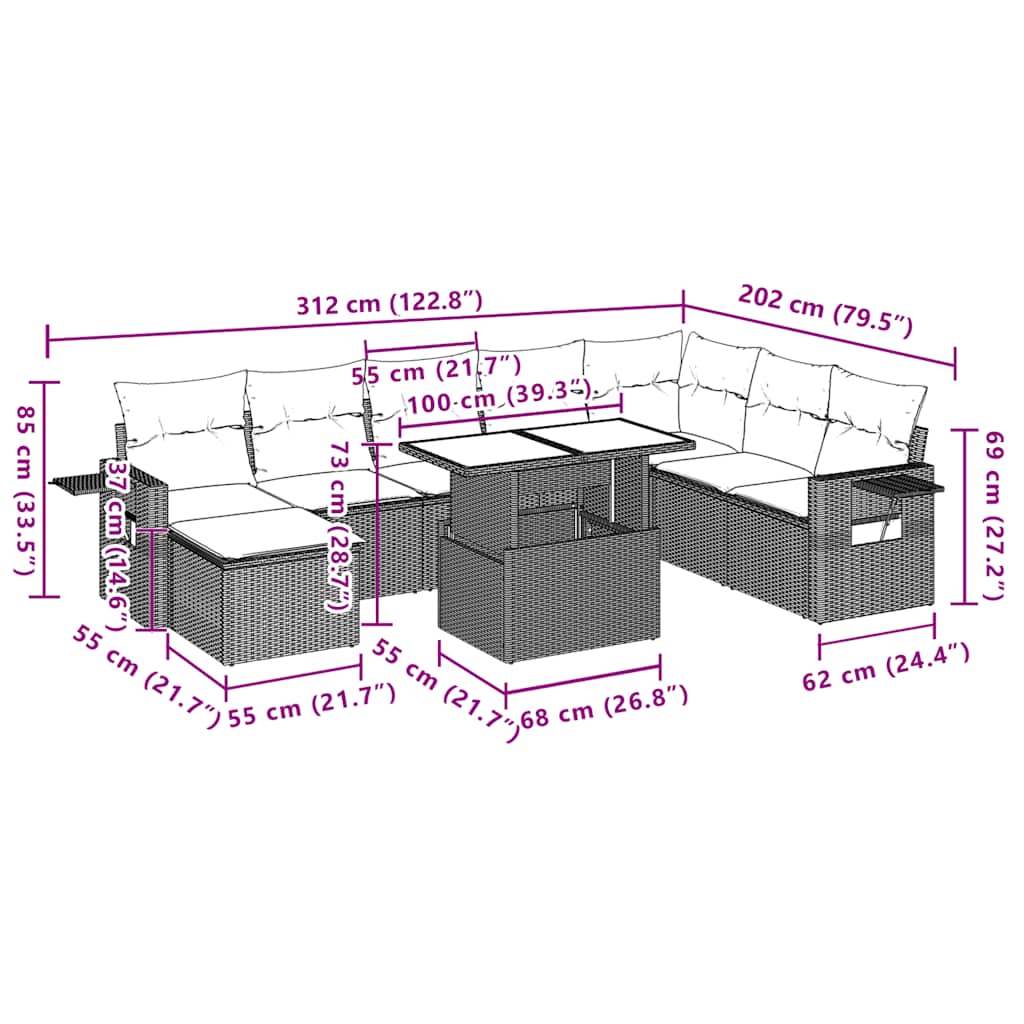9-teiliges Gartensofa-Set mit Kissen, grau, Polyrattan