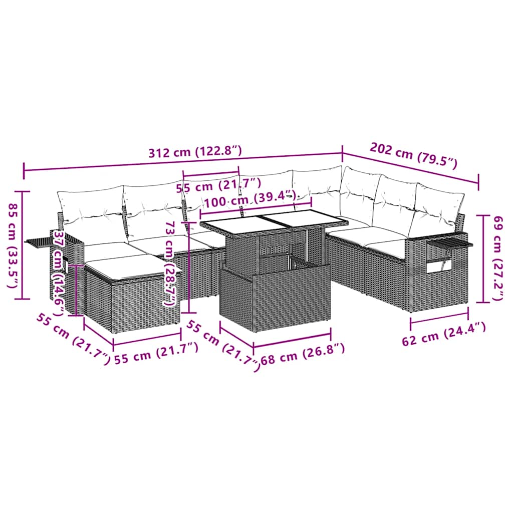 9-tlg. Garten-Sofagarnitur mit Kissen Hellgrau Poly Rattan