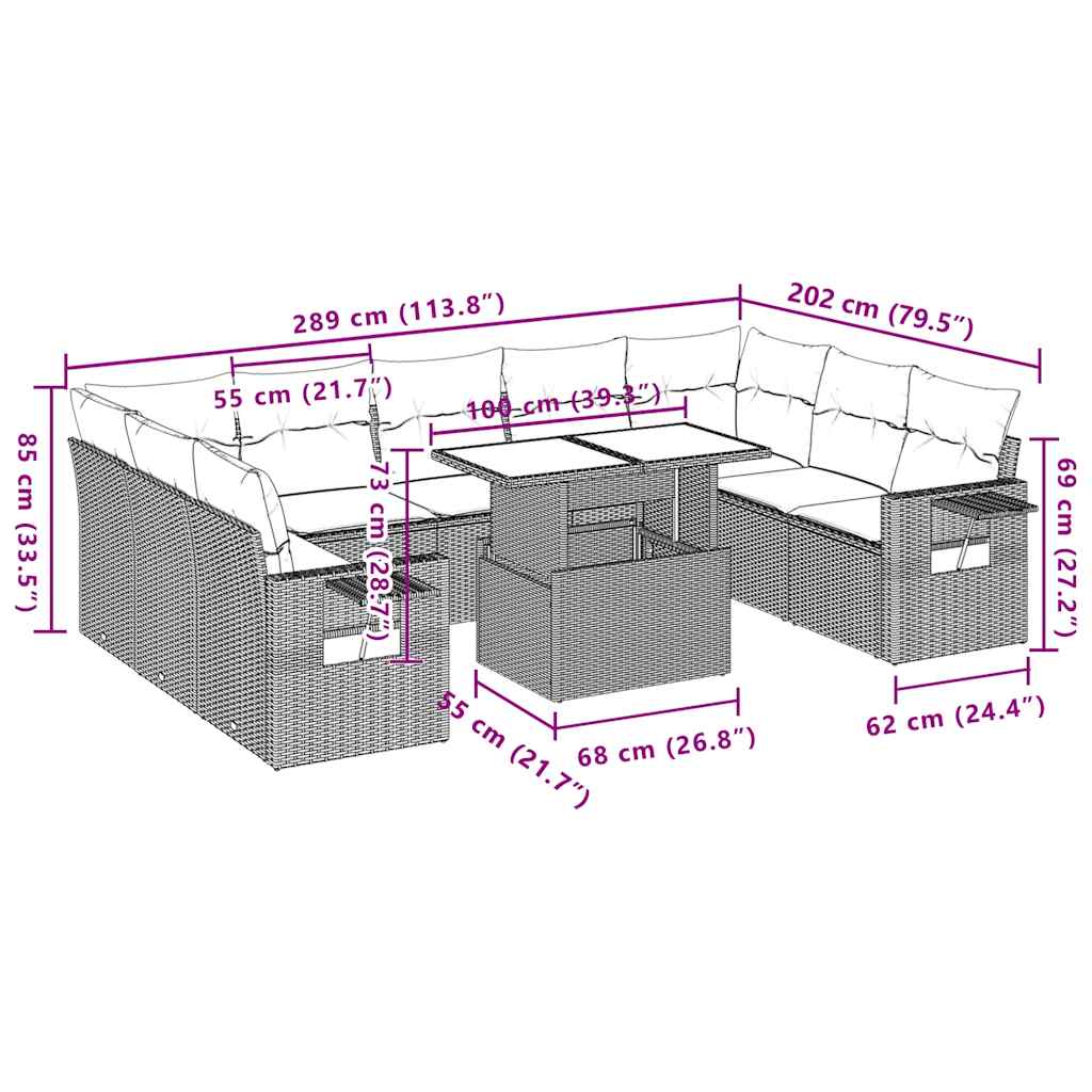10-teiliges Gartensofa-Set mit Kissen, schwarzes Polyrattan