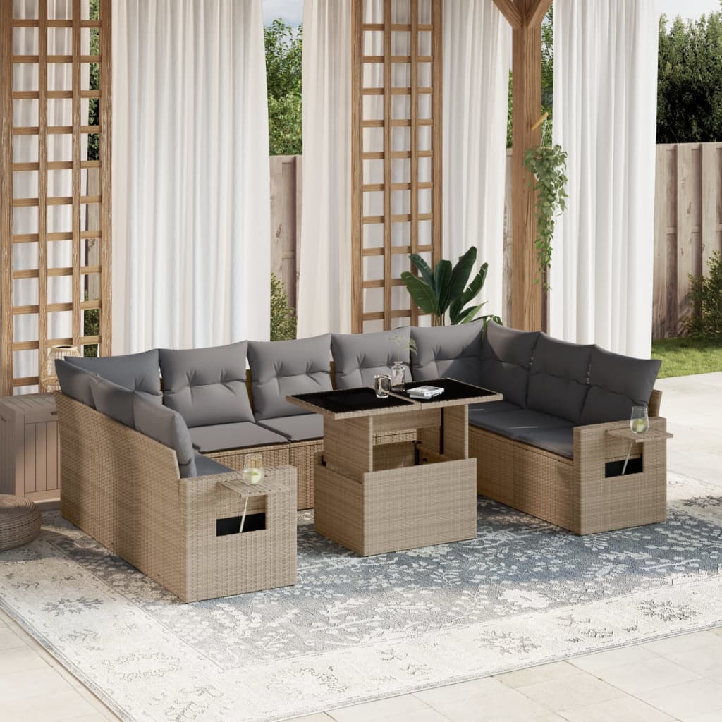 10-tlg. Garten-Sofagarnitur mit Kissen Beige Poly Rattan