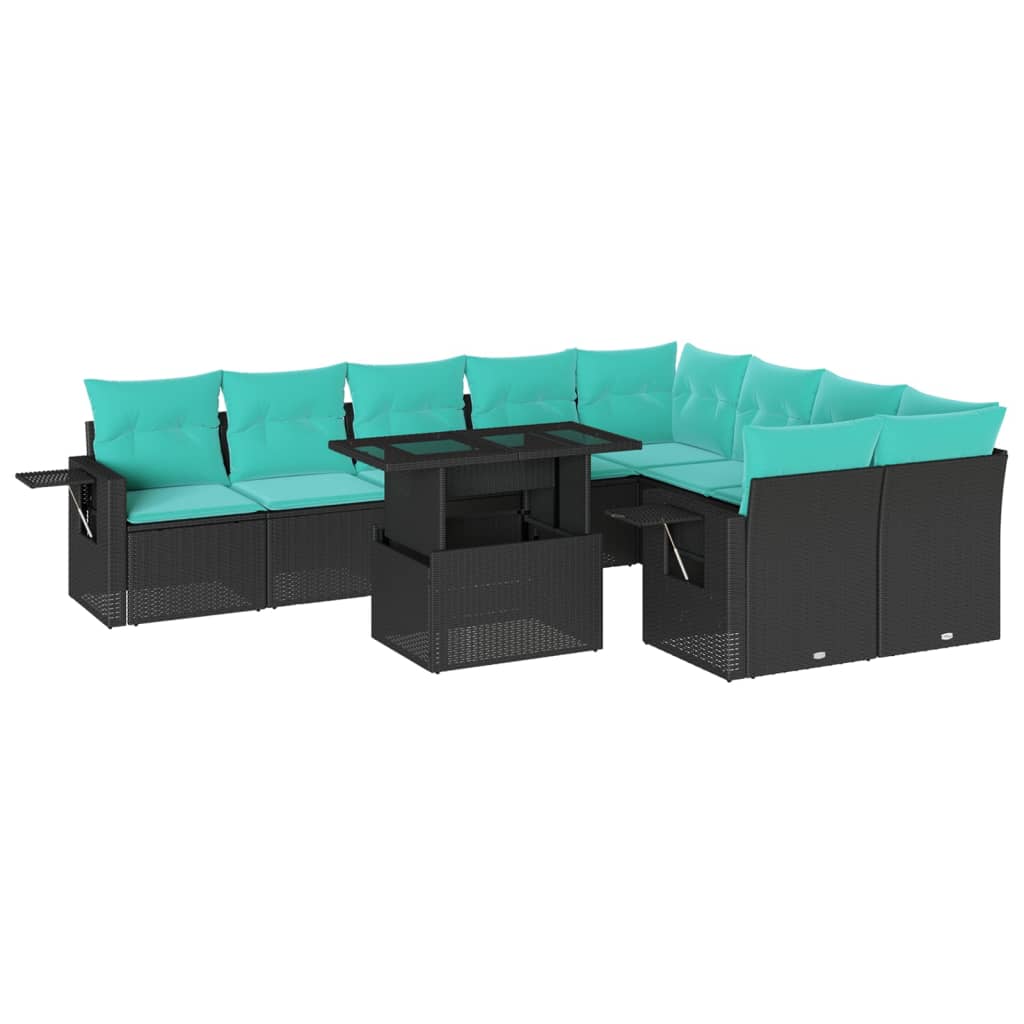 10-teiliges Gartensofa-Set mit Kissen, schwarzes Polyrattan