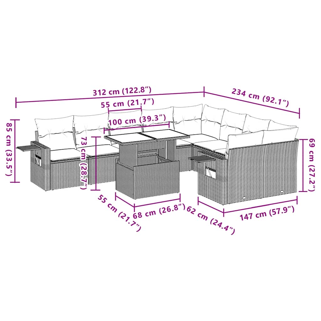 10-teiliges Gartensofa-Set mit Kissen, schwarzes Polyrattan