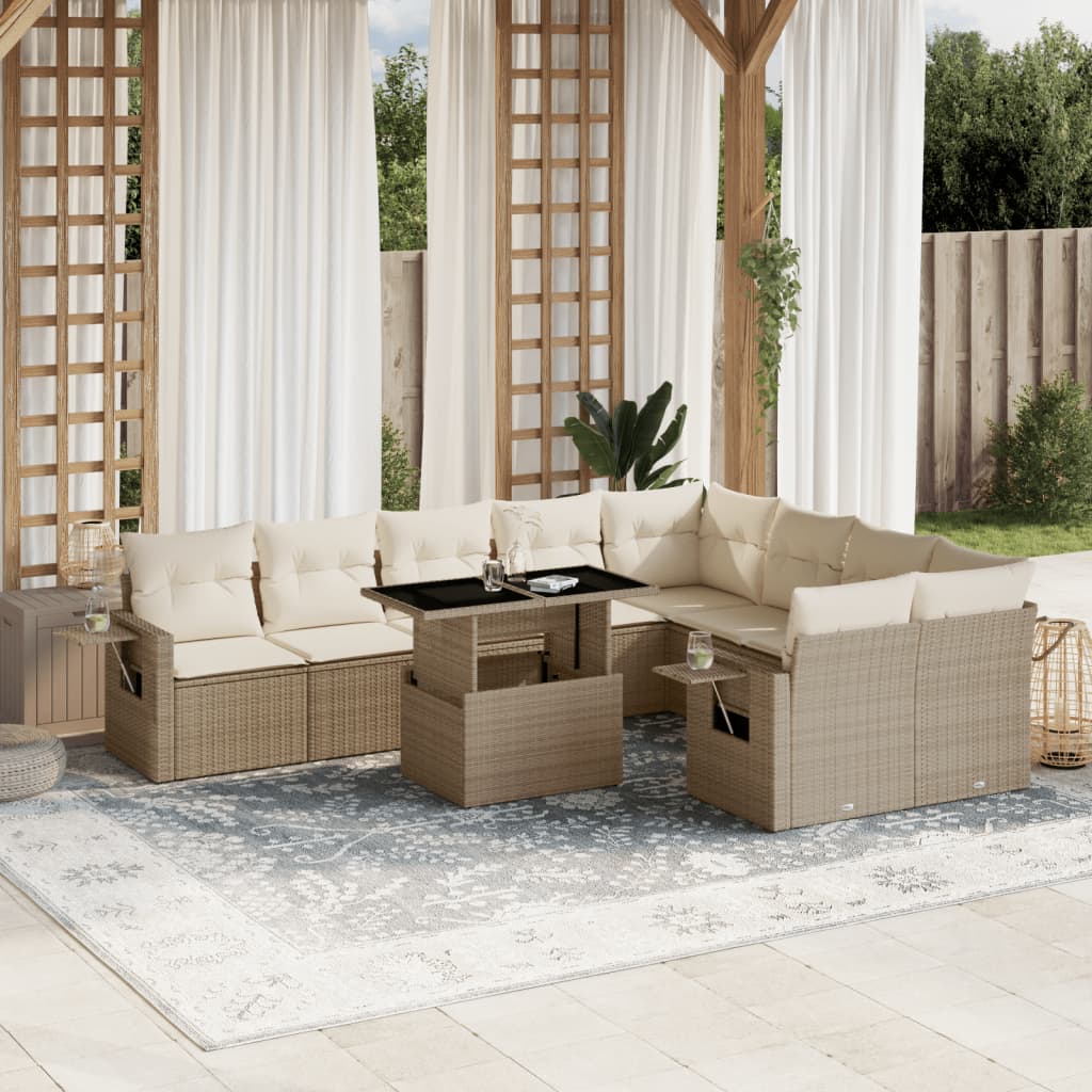 10-tlg. Garten-Sofagarnitur mit Kissen Beige Poly Rattan