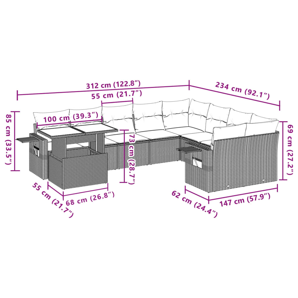 10-tlg. Garten-Sofagarnitur mit Kissen Grau Poly Rattan