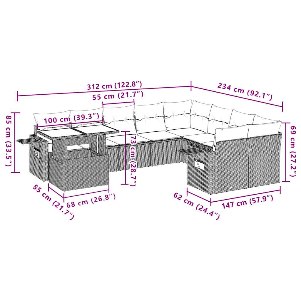 10-teiliges Gartensofa-Set mit Kissen, braun, Polyrattan