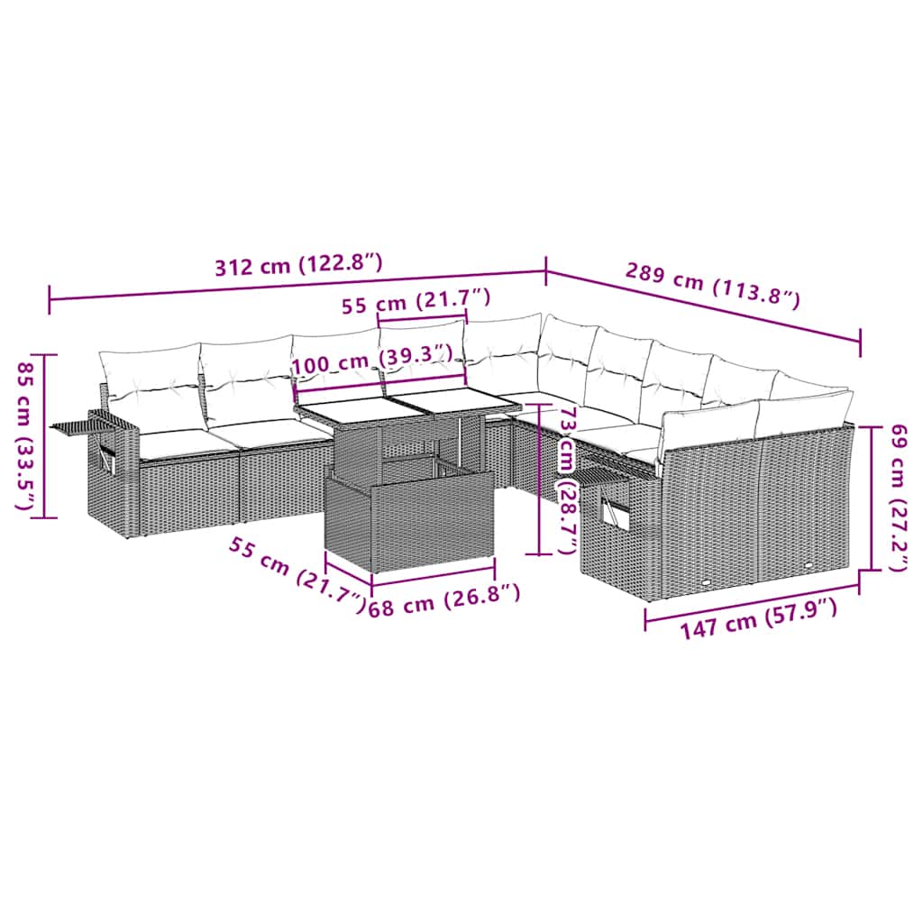 11-teiliges Gartensofa-Set mit Kissen, grau, Polyrattan