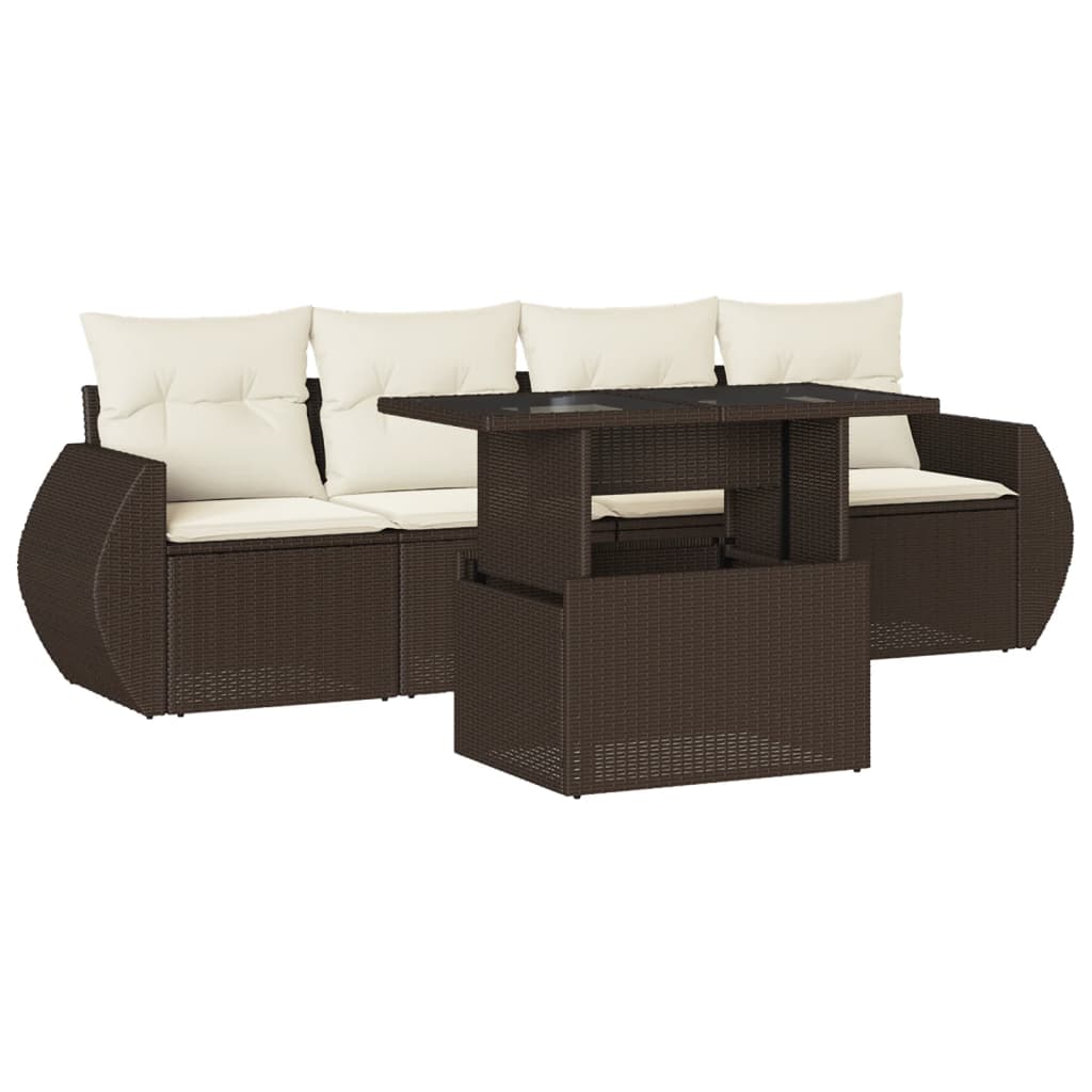 5-tlg. Garten-Sofagarnitur mit Kissen Braun Poly Rattan