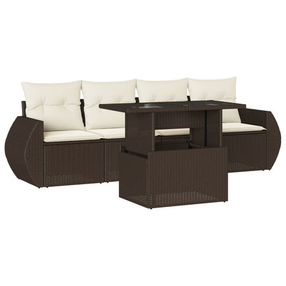 5-tlg. Garten-Sofagarnitur mit Kissen Braun Poly Rattan