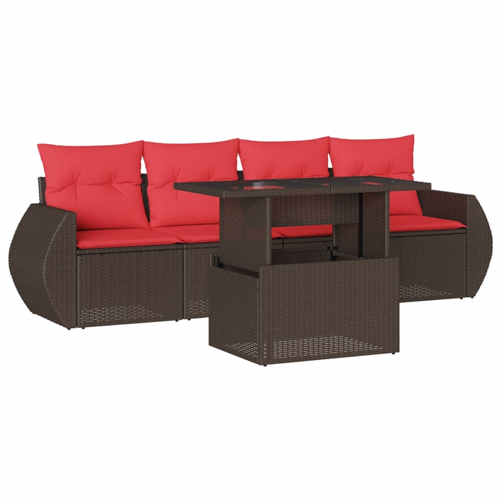 5-teiliges Gartensofa-Set mit Kissen, braun, Polyrattan