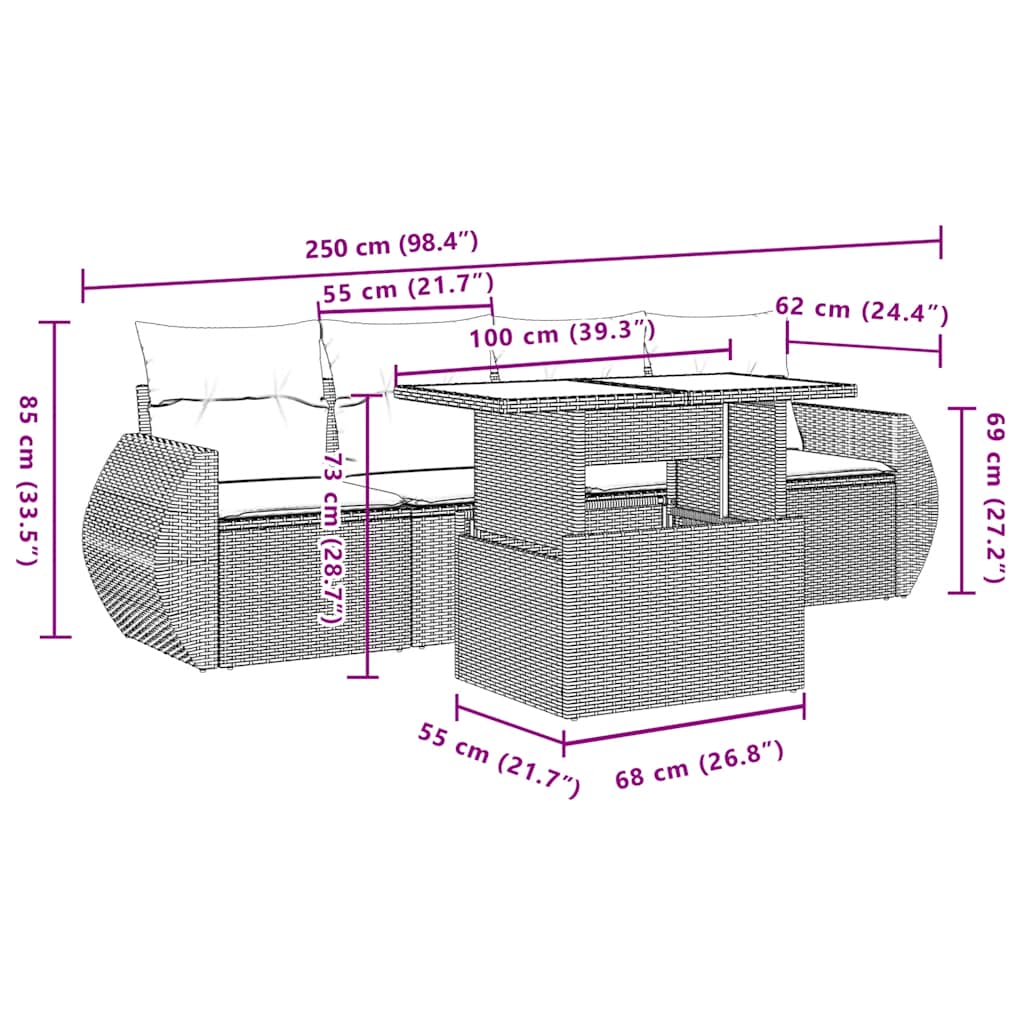 5-teiliges Gartensofa-Set mit Kissen, braun, Polyrattan