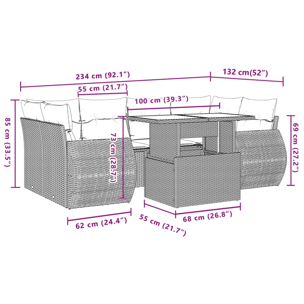 7-tlg. Garten-Sofagarnitur mit Kissen Braun Poly Rattan
