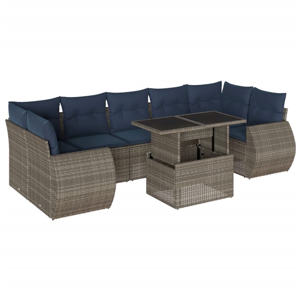 8-teiliges Gartensofa-Set mit Kissen, grau, Polyrattan