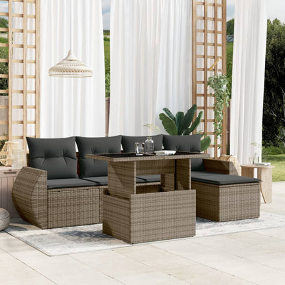 6-tlg. Garten-Sofagarnitur mit Kissen Grau Poly Rattan