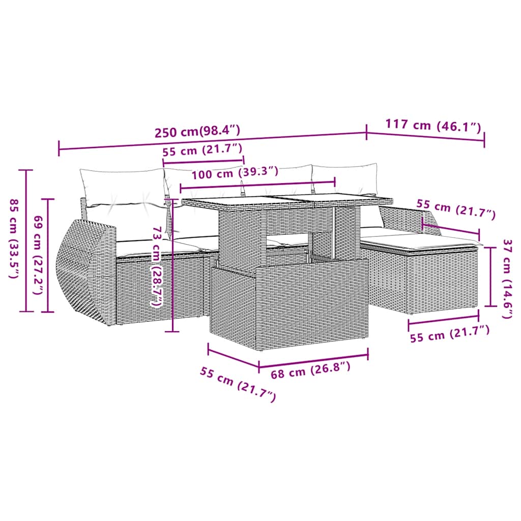 6-teiliges Gartensofa-Set mit Kissen, grau, Polyrattan