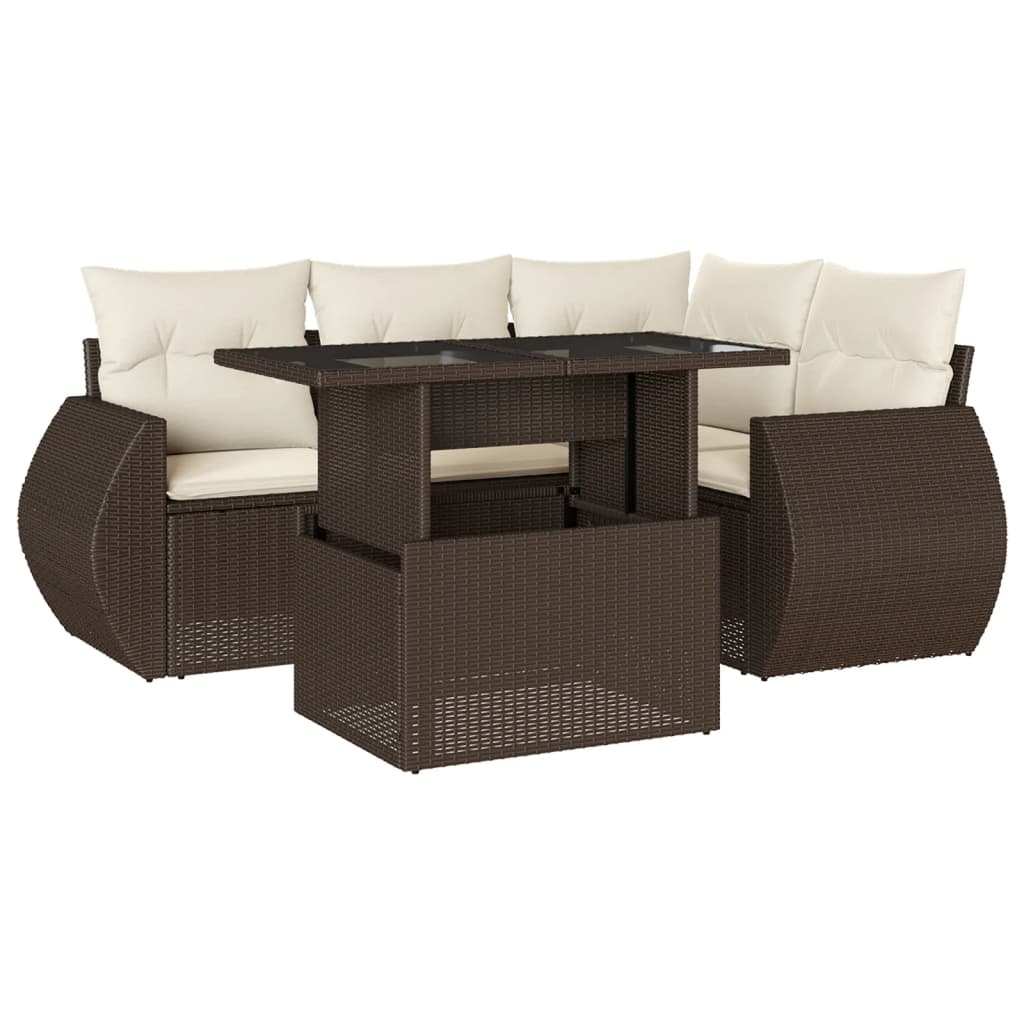 5-tlg. Garten-Sofagarnitur mit Kissen Braun Poly Rattan
