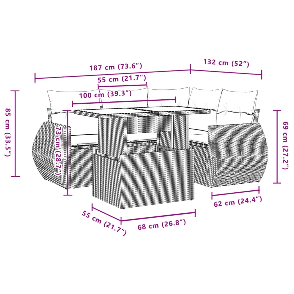 5-tlg. Garten-Sofagarnitur mit Kissen Braun Poly Rattan