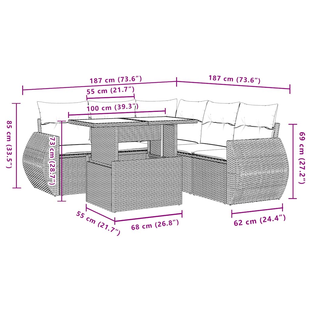 6-teiliges Gartensofa-Set mit Kissen, braun, Polyrattan