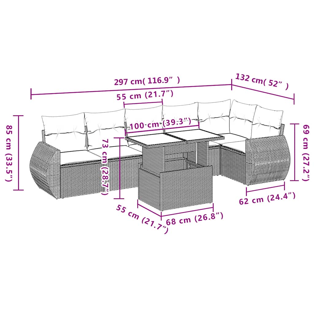 7-teiliges Gartensofa-Set mit Kissen, braun, Polyrattan