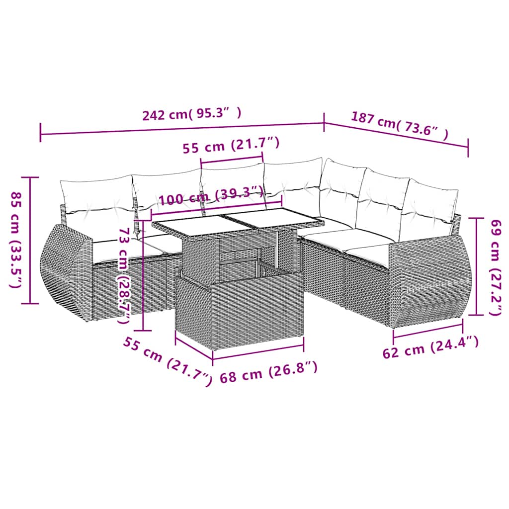 7-teiliges Gartensofa-Set mit Kissen, schwarzes Polyrattan