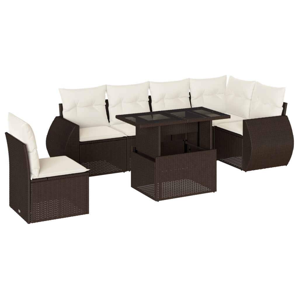 7-tlg. Garten-Sofagarnitur mit Kissen Braun Poly Rattan