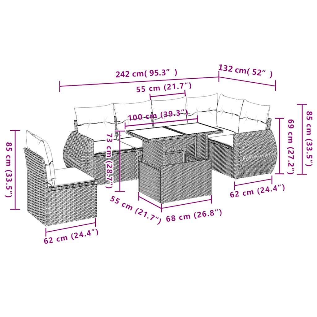 7-teiliges Gartensofa-Set mit Kissen, braun, Polyrattan