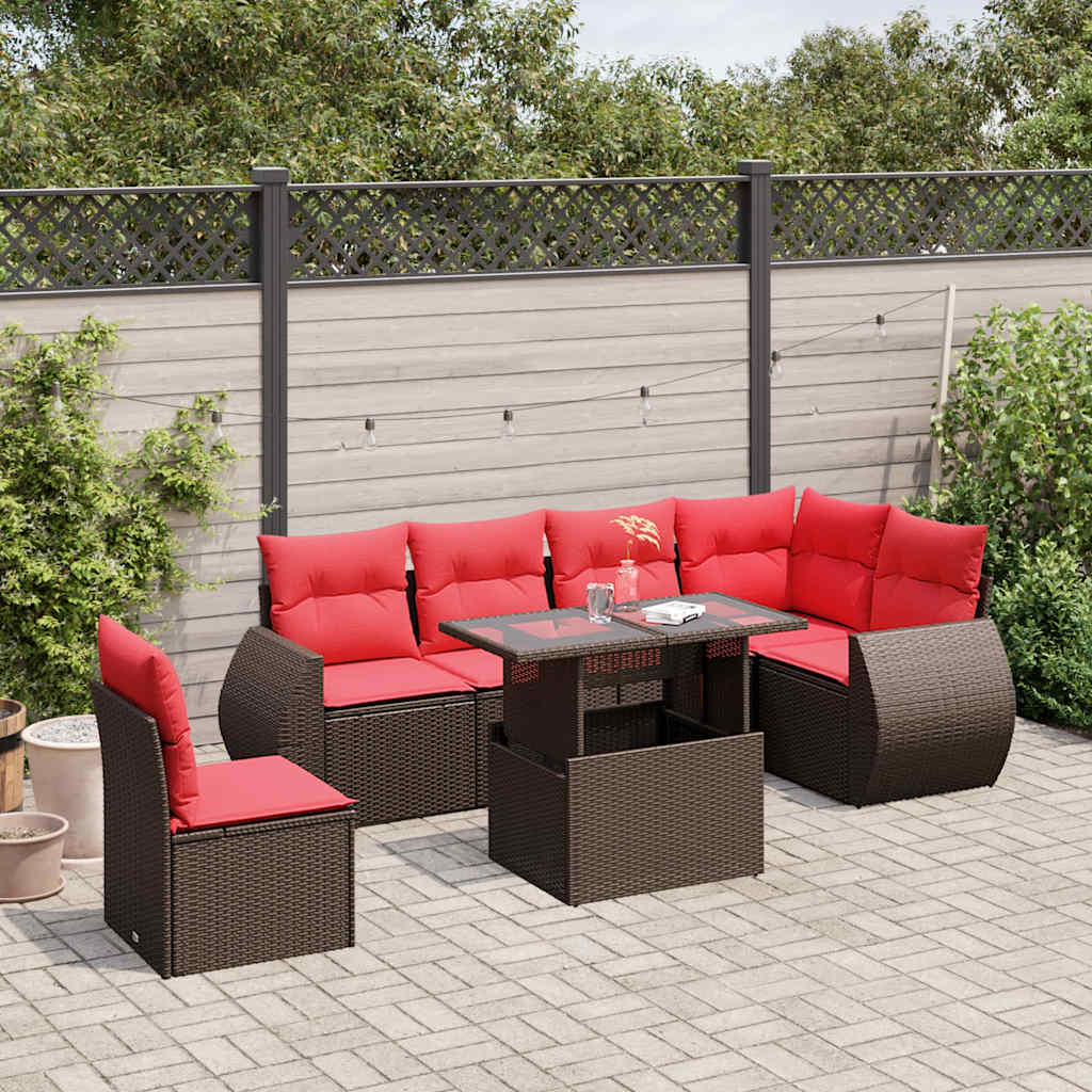 7-teiliges Gartensofa-Set mit Kissen, braun, Polyrattan