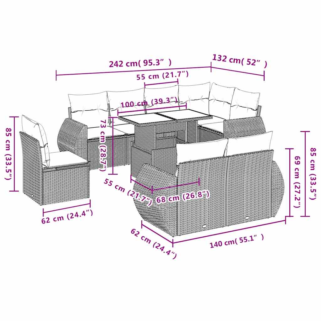 9-teiliges Gartensofa-Set mit Kissen, grau, Polyrattan
