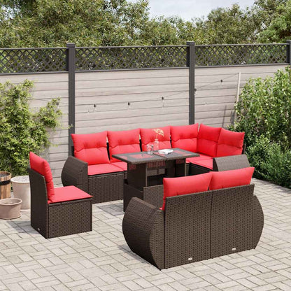 9-teiliges Gartensofa-Set mit Kissen, braun, Polyrattan