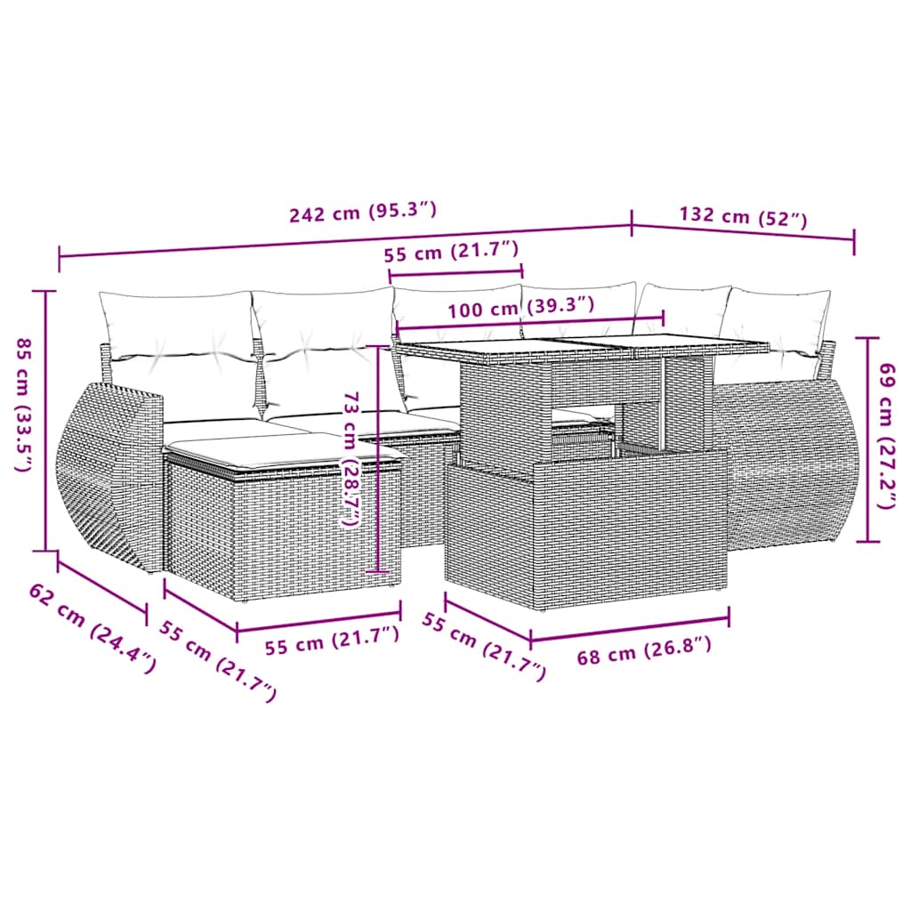 7-teiliges Gartensofa-Set mit Kissen, schwarzes Polyrattan