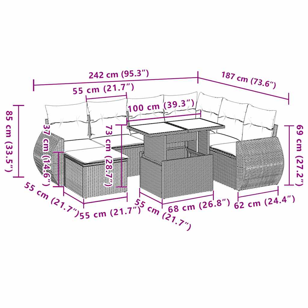 8-teiliges Gartensofa-Set mit Kissen, grau, Polyrattan