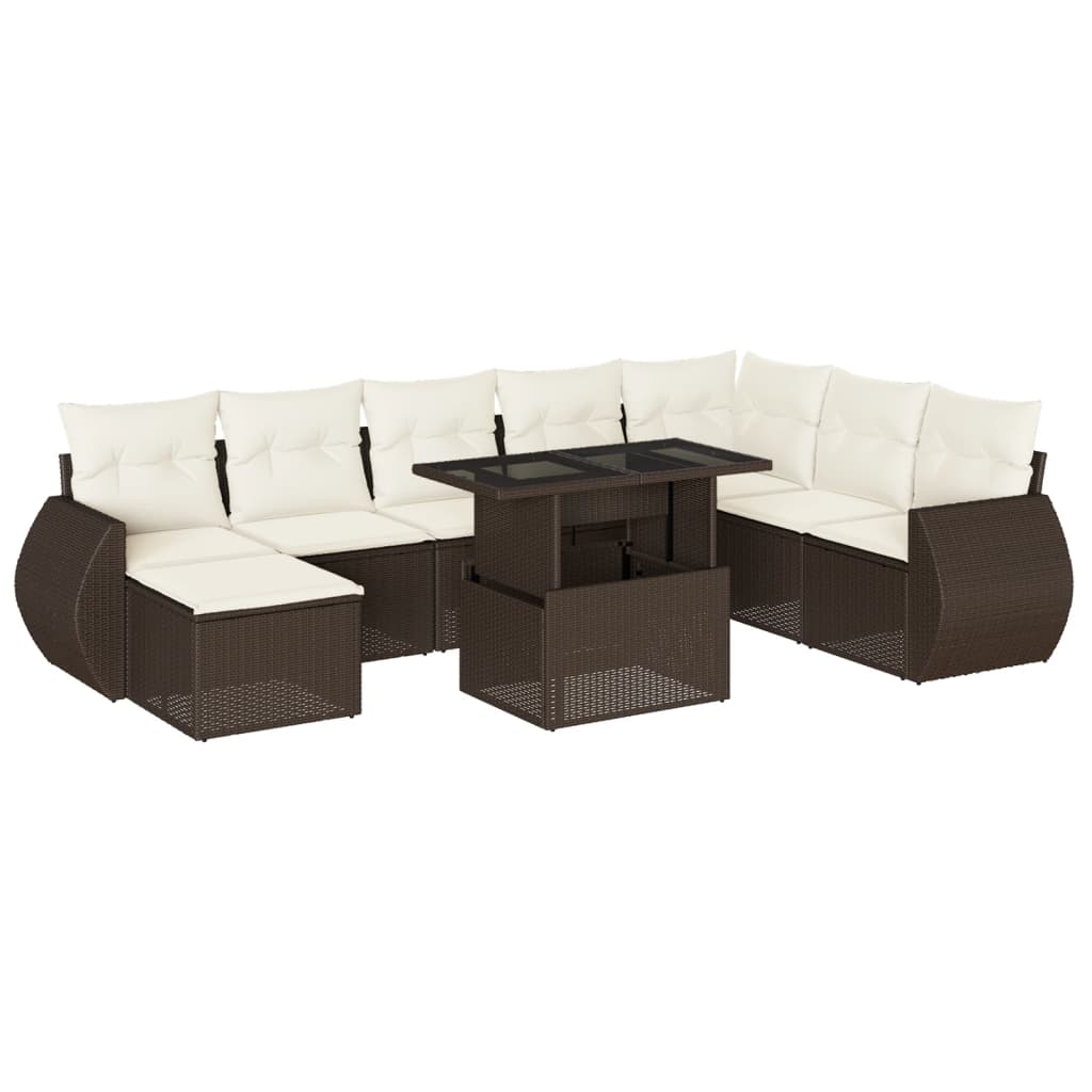 9-tlg. Garten-Sofagarnitur mit Kissen Braun Poly Rattan