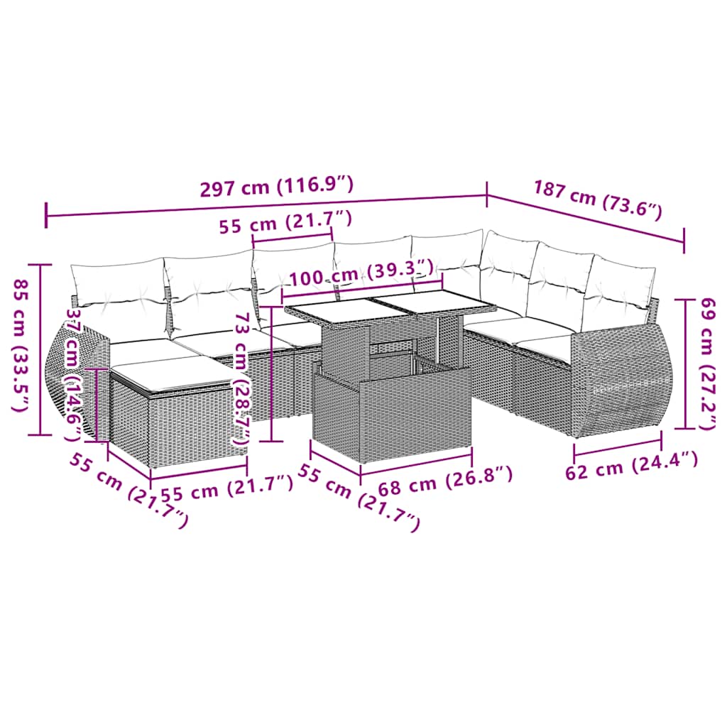 9-tlg. Garten-Sofagarnitur mit Kissen Braun Poly Rattan