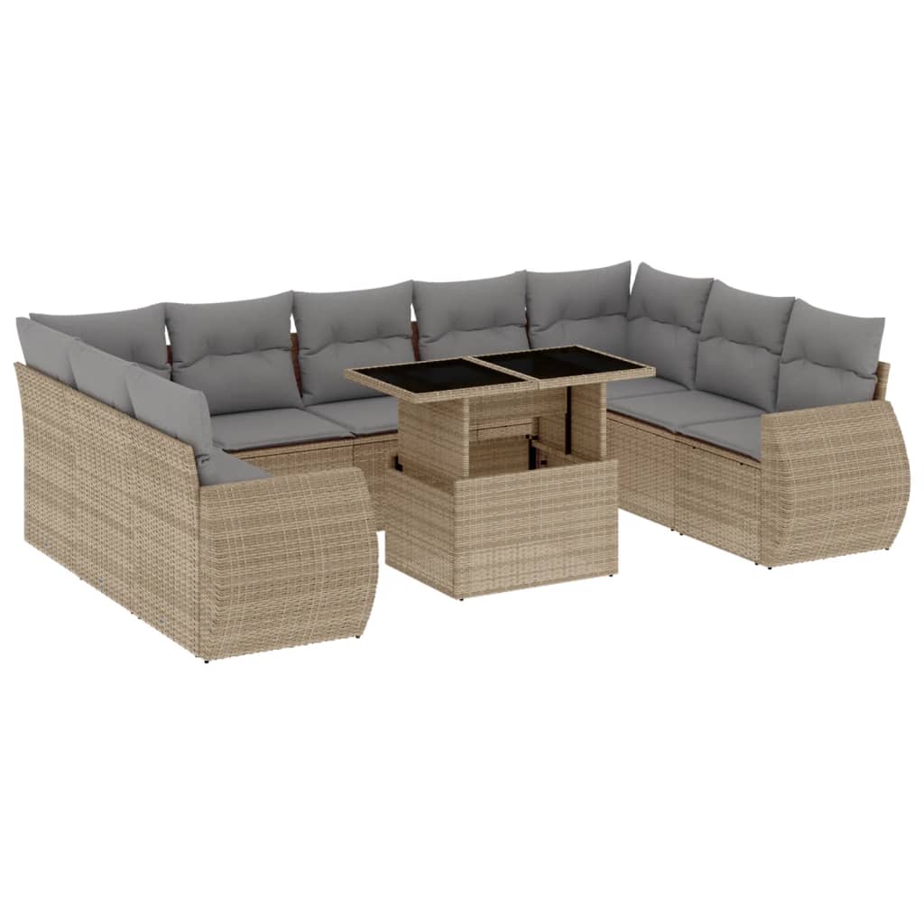 10-tlg. Garten-Sofagarnitur mit Kissen Beige Poly Rattan